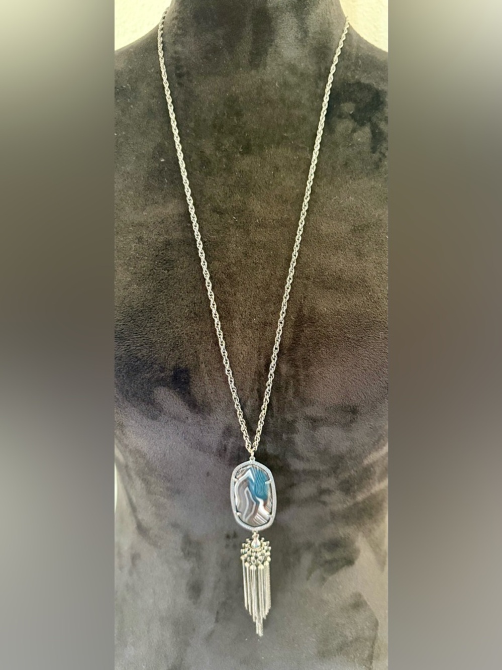 Kendra Scott Rayne Black Gunmetal Tassel Necklace W/ Banded Agate